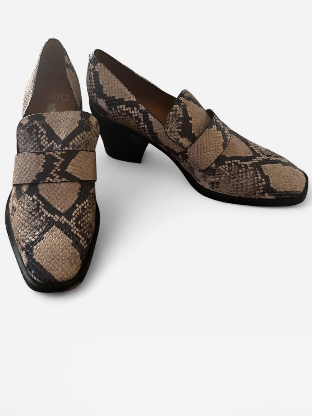 Franco Sarto Women Snake-Print Low Block Heel Loafers - Beige/Black size 8.5